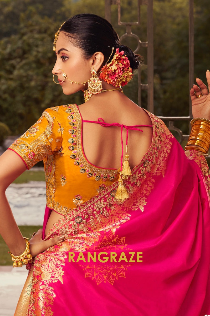 Sunset Bloom Banarasi Silk Lehenga with Mustard Embroidered Blouse and Fuchsia Dupatta