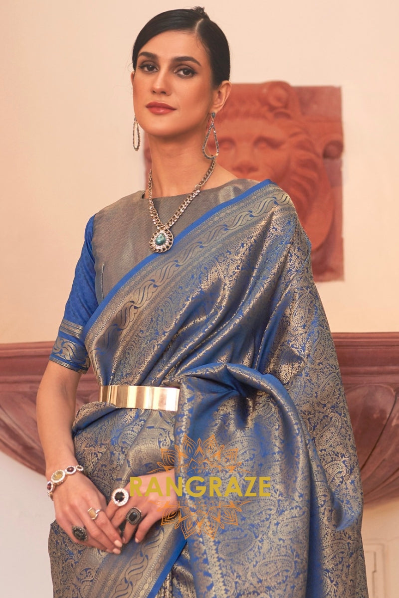 Golden Cobalt Blue Celestial Charm Woven Kanjivaram Silk Saree