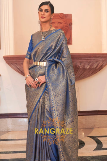 Golden Cobalt Blue Celestial Charm Woven Kanjivaram Silk Saree