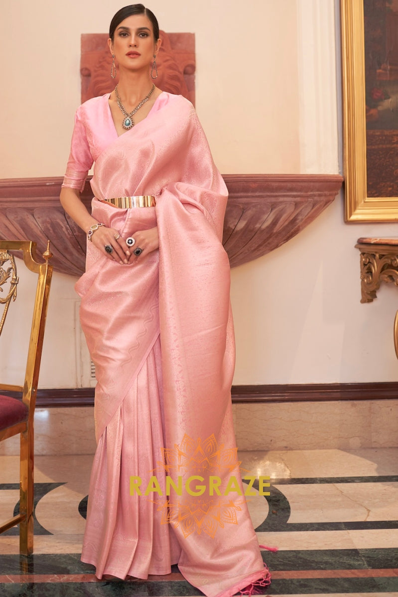 Golden Rose Pink Celestial Charm Woven Kanjivaram Silk Saree