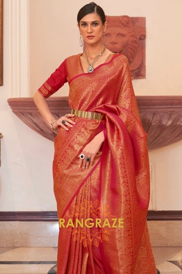 Golden Peach Celestial Charm Woven Kanjivaram Silk Saree