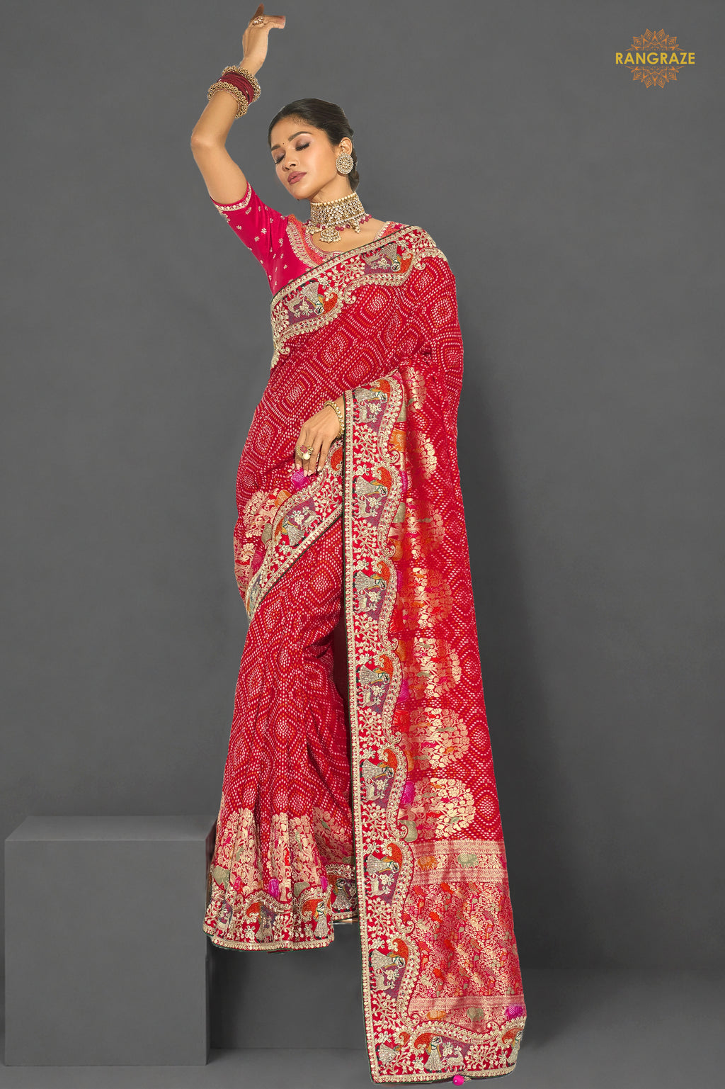 Bridal Red Embroidered Bandhej Georgette Saree