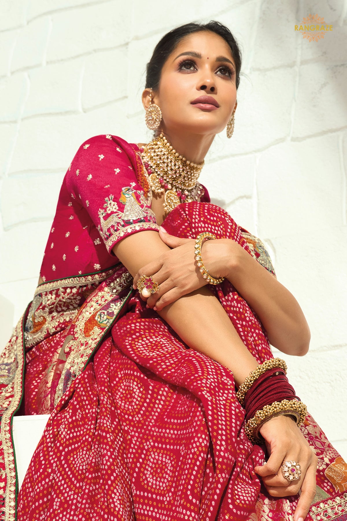 Bridal Red Embroidered Bandhej Georgette Saree