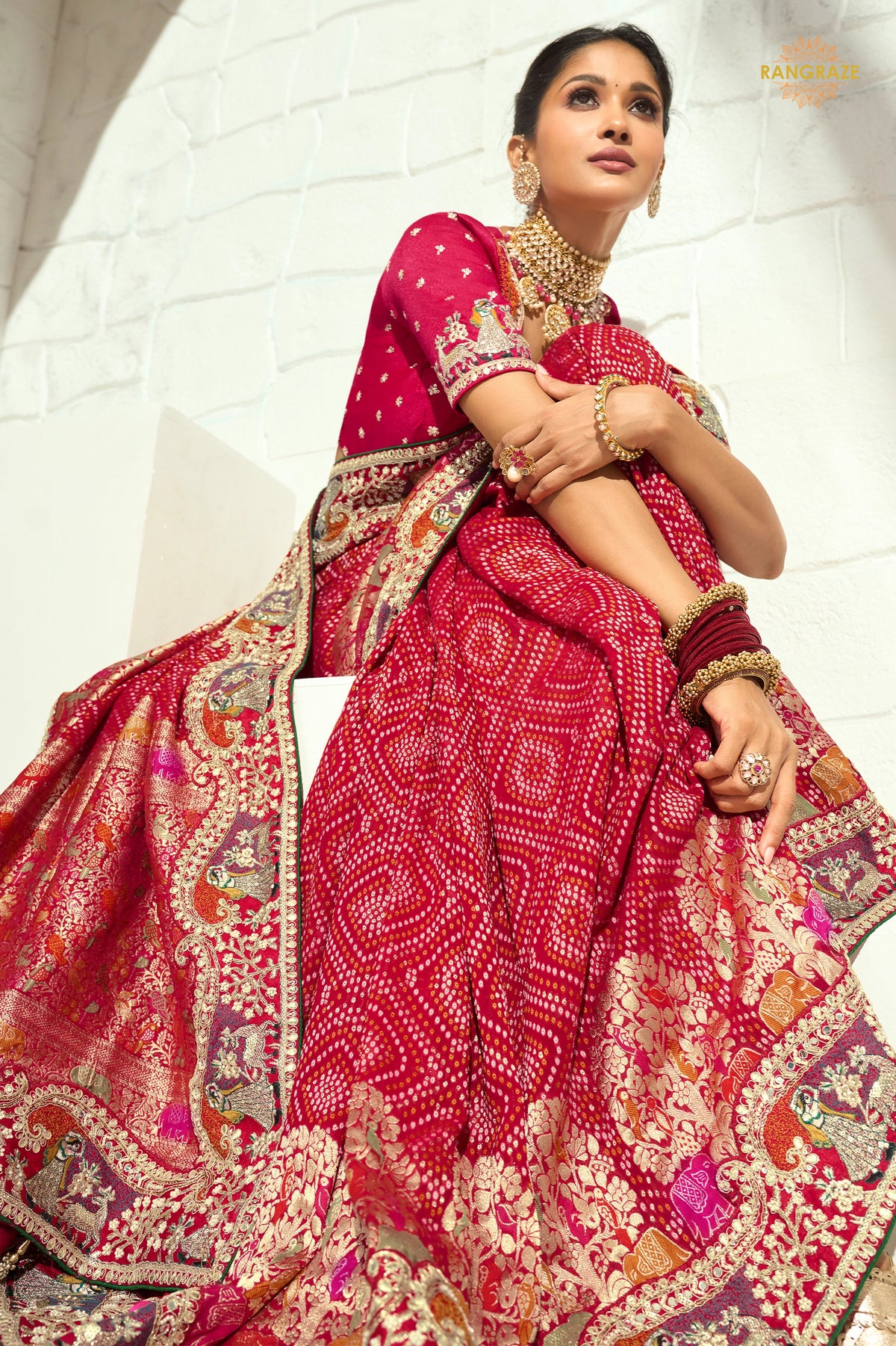 Bridal Red Embroidered Bandhej Georgette Saree