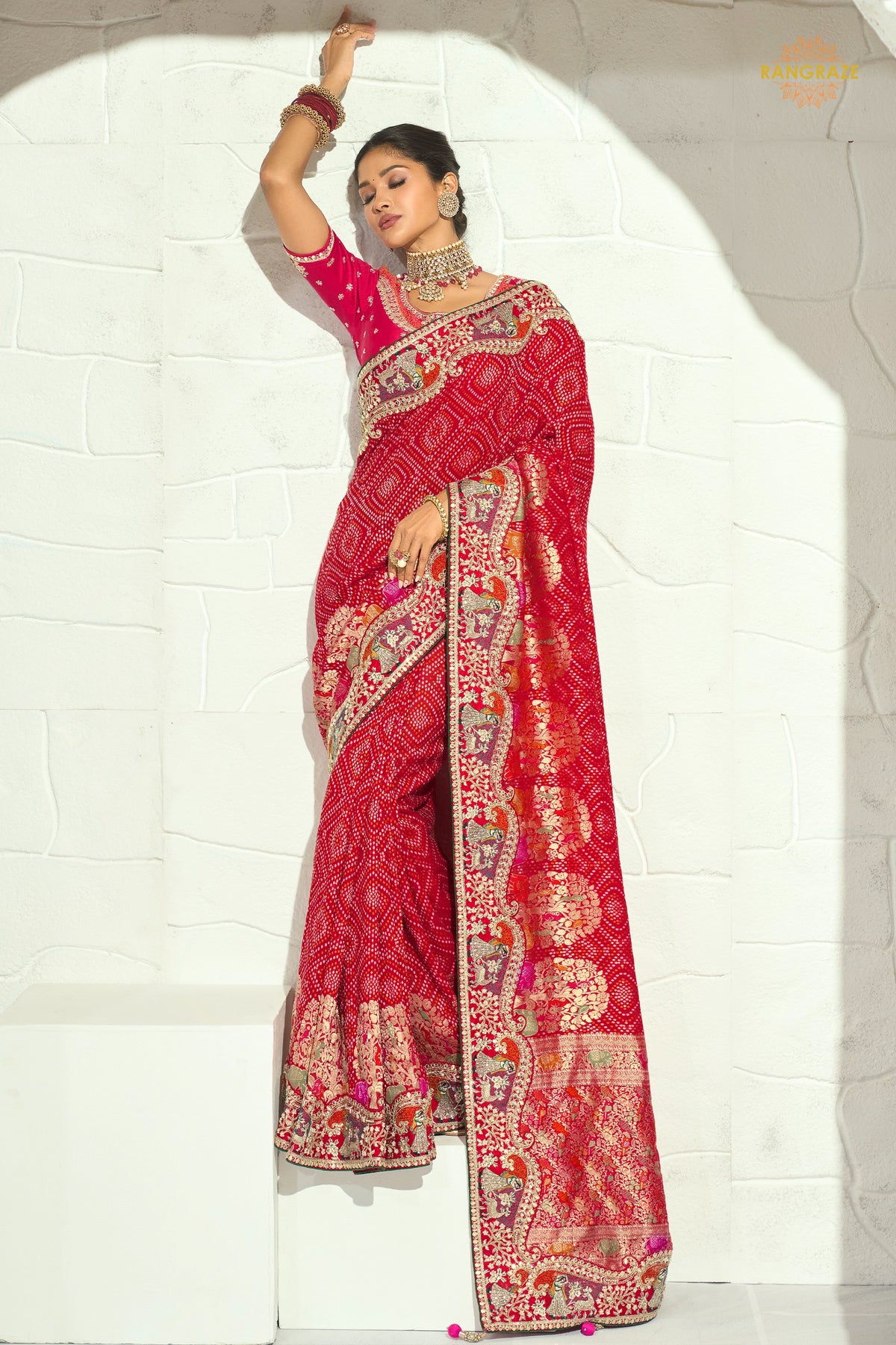 Bridal Red Embroidered Bandhej Georgette Saree