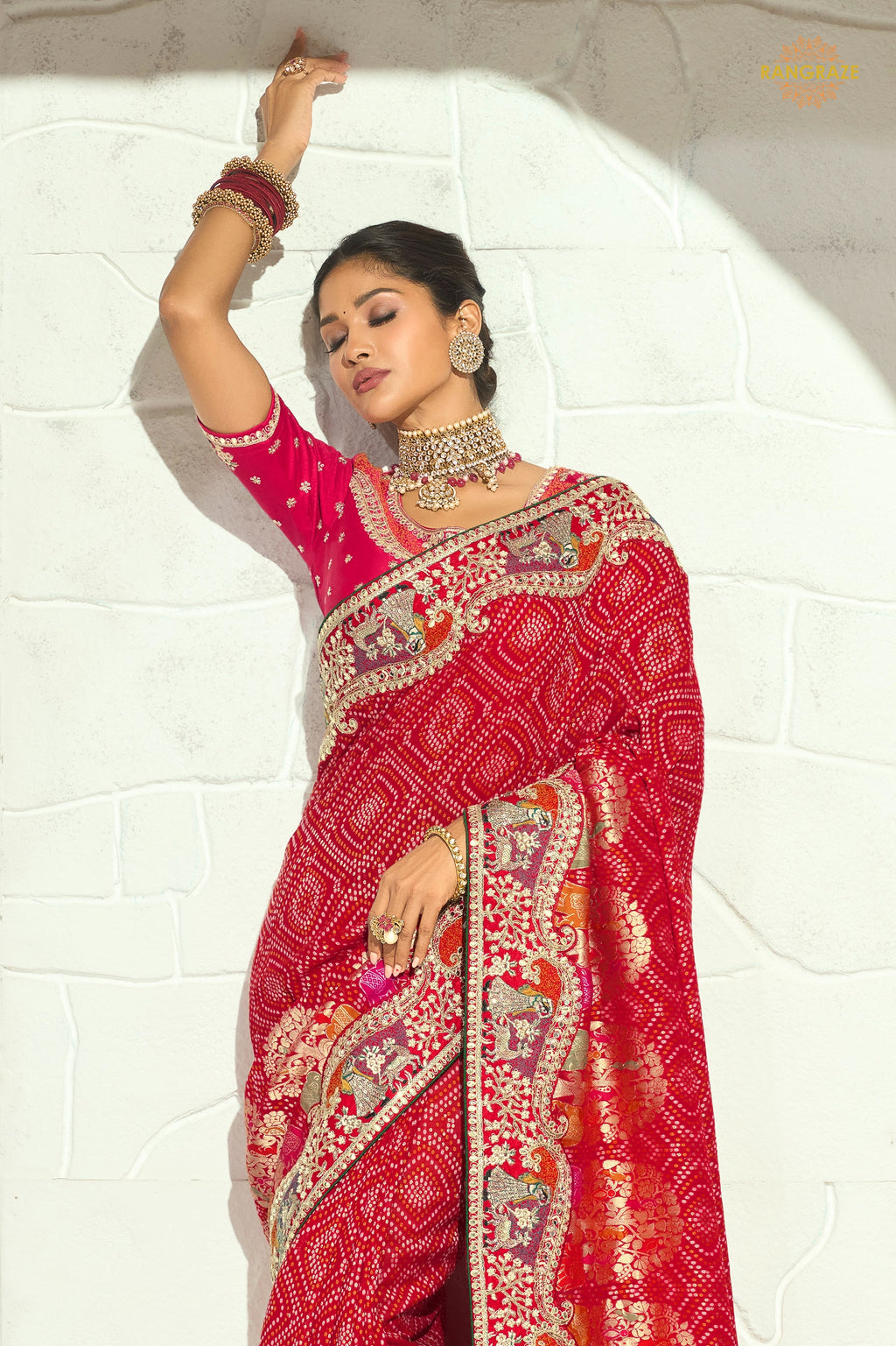 Bridal Red Embroidered Bandhej Georgette Saree