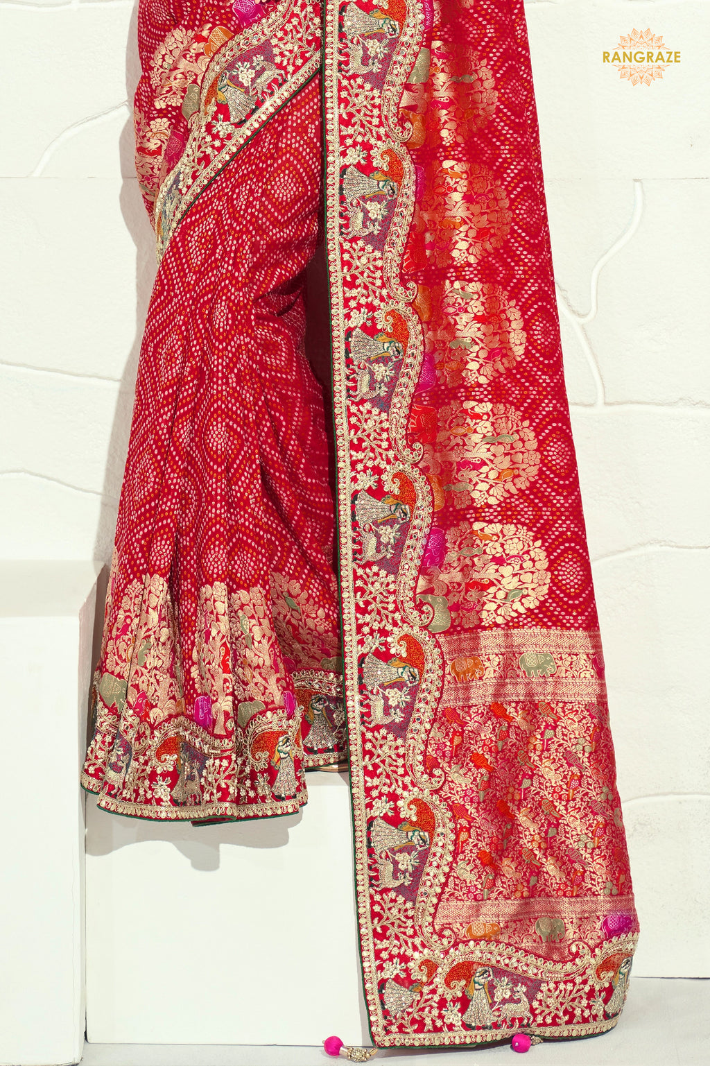 Bridal Red Embroidered Bandhej Georgette Saree