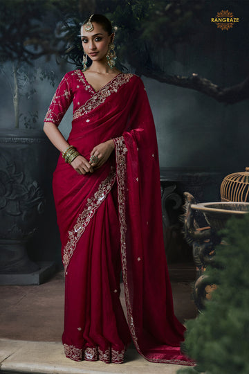 Bridal Red Embroidered Tissue Organza Saree