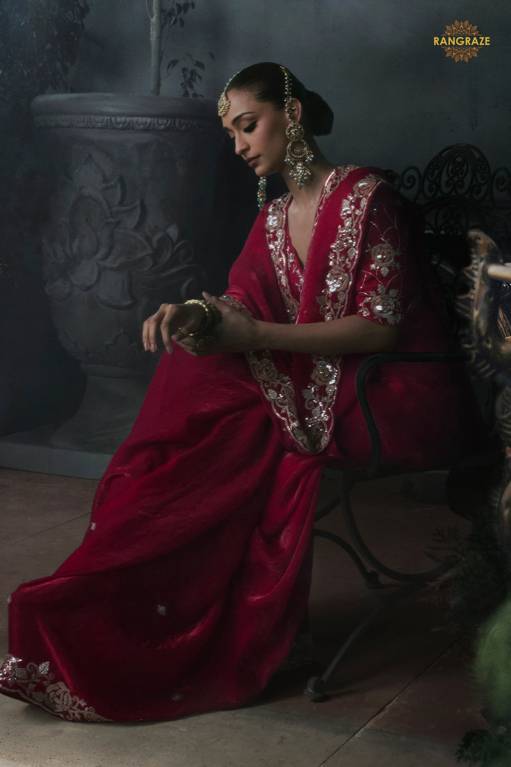 Bridal Red Embroidered Tissue Organza Saree