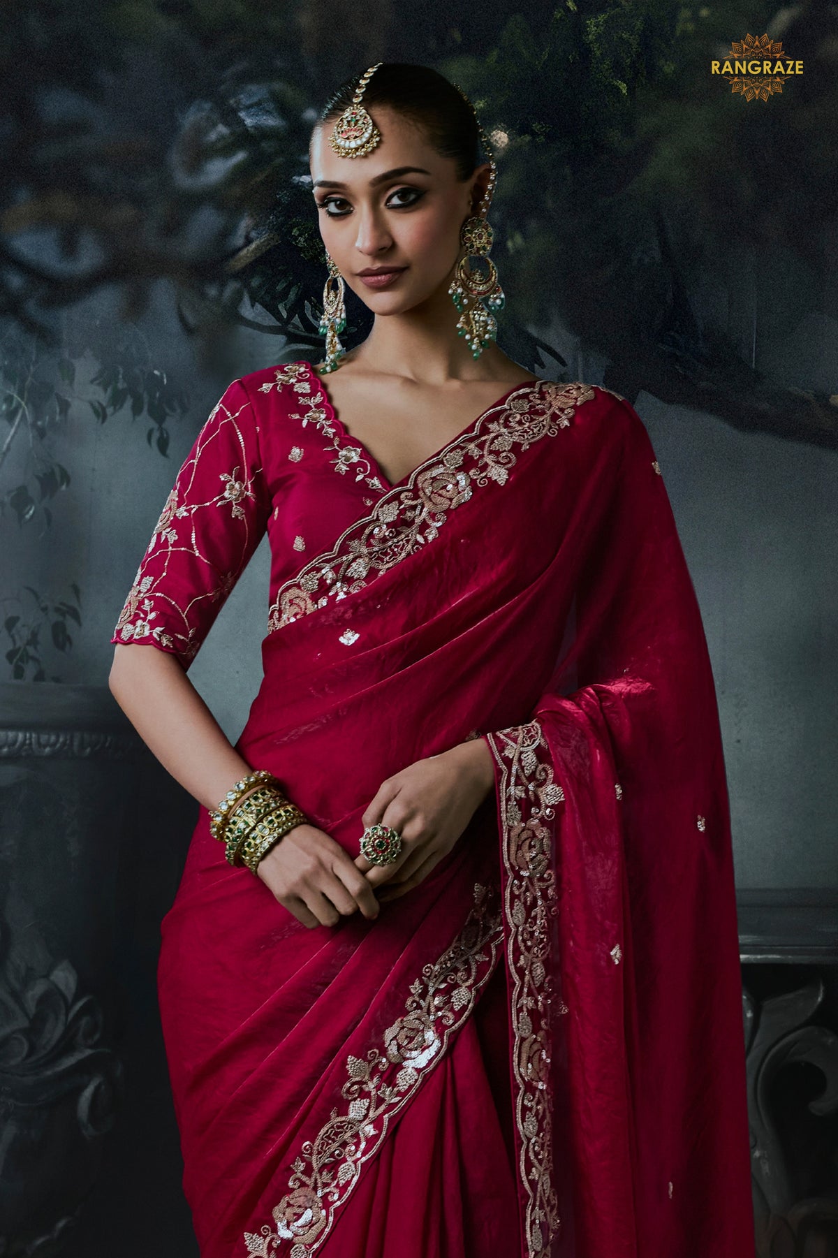 Bridal Red Embroidered Tissue Organza Saree