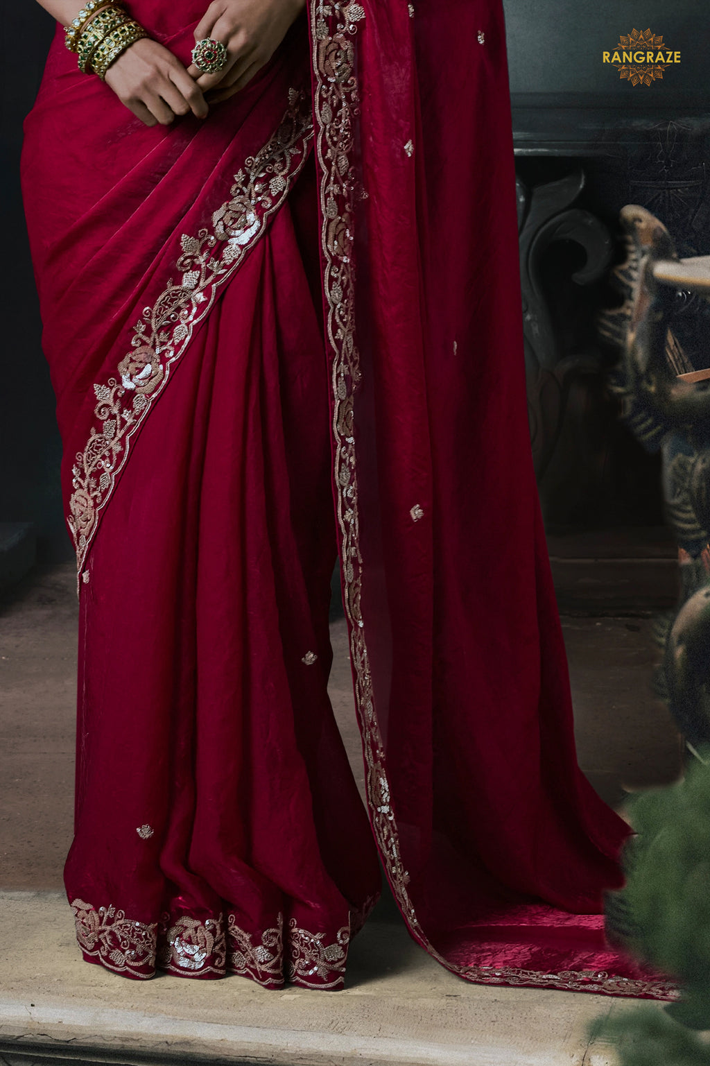 Bridal Red Embroidered Tissue Organza Saree