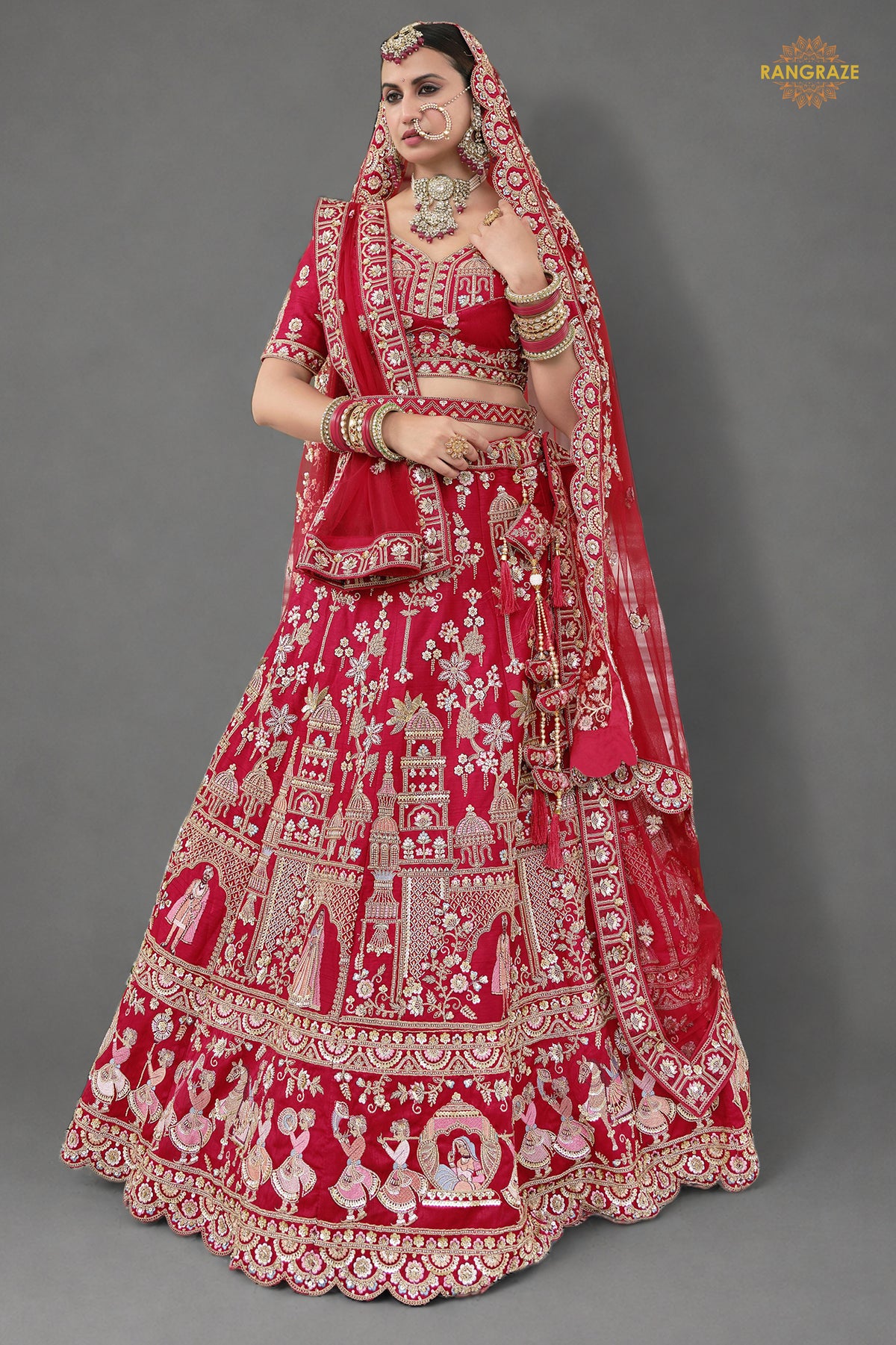 Bridal Red Heavy Embroidered Semi-Stitched Silk Lehenga