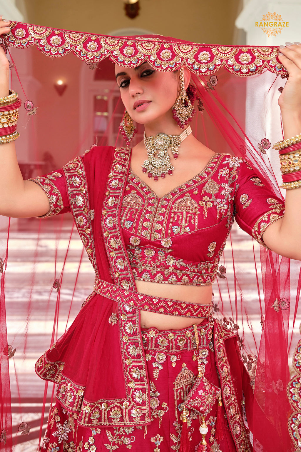 Bridal Red Heavy Embroidered Semi-Stitched Silk Lehenga
