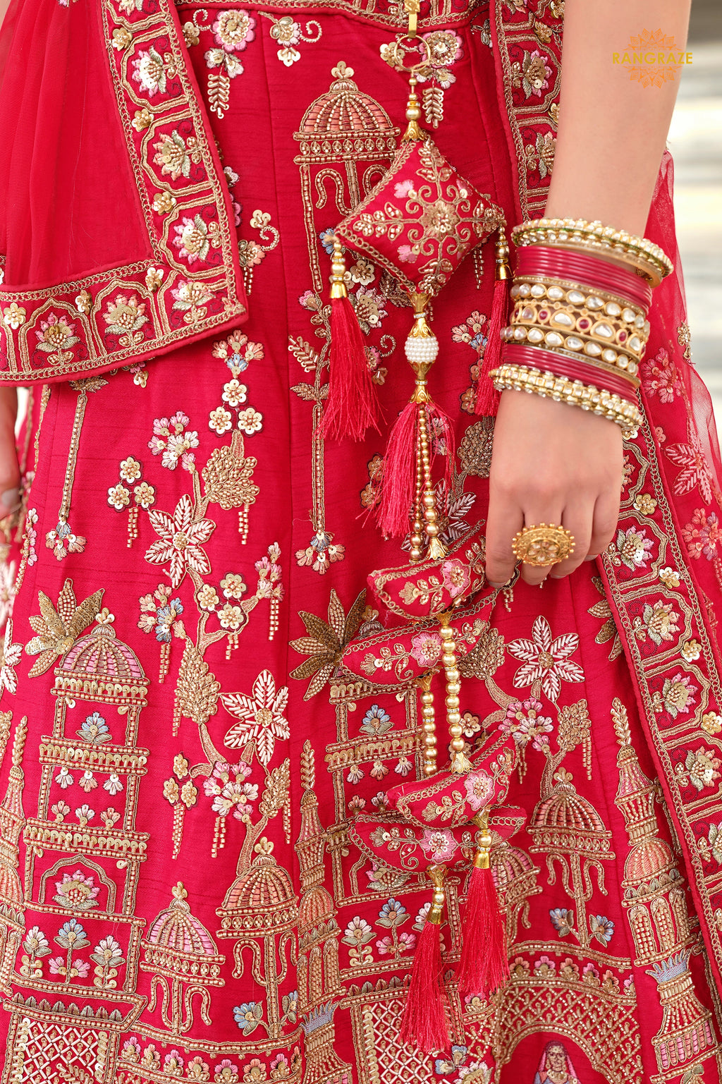Bridal Red Heavy Embroidered Semi-Stitched Silk Lehenga