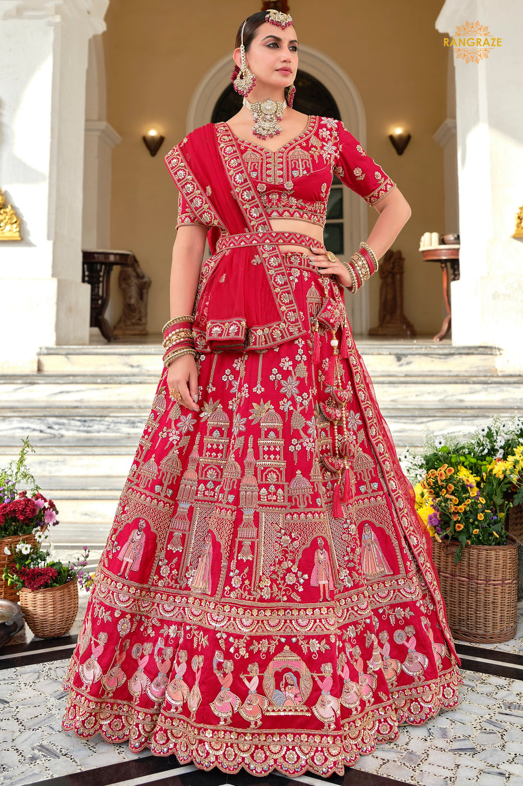 Bridal Red Heavy Embroidered Semi-Stitched Silk Lehenga