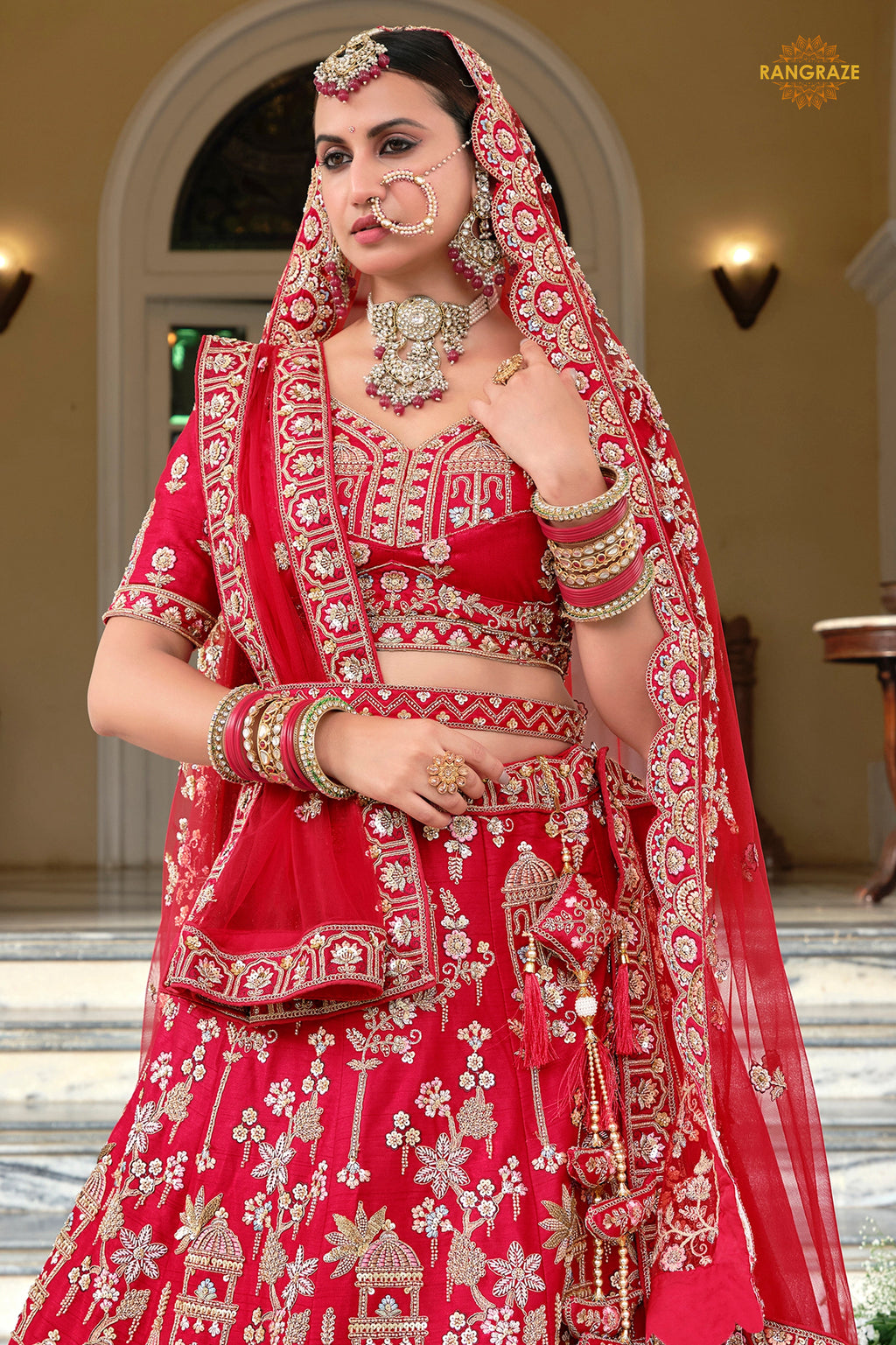 Bridal Red Heavy Embroidered Semi-Stitched Silk Lehenga