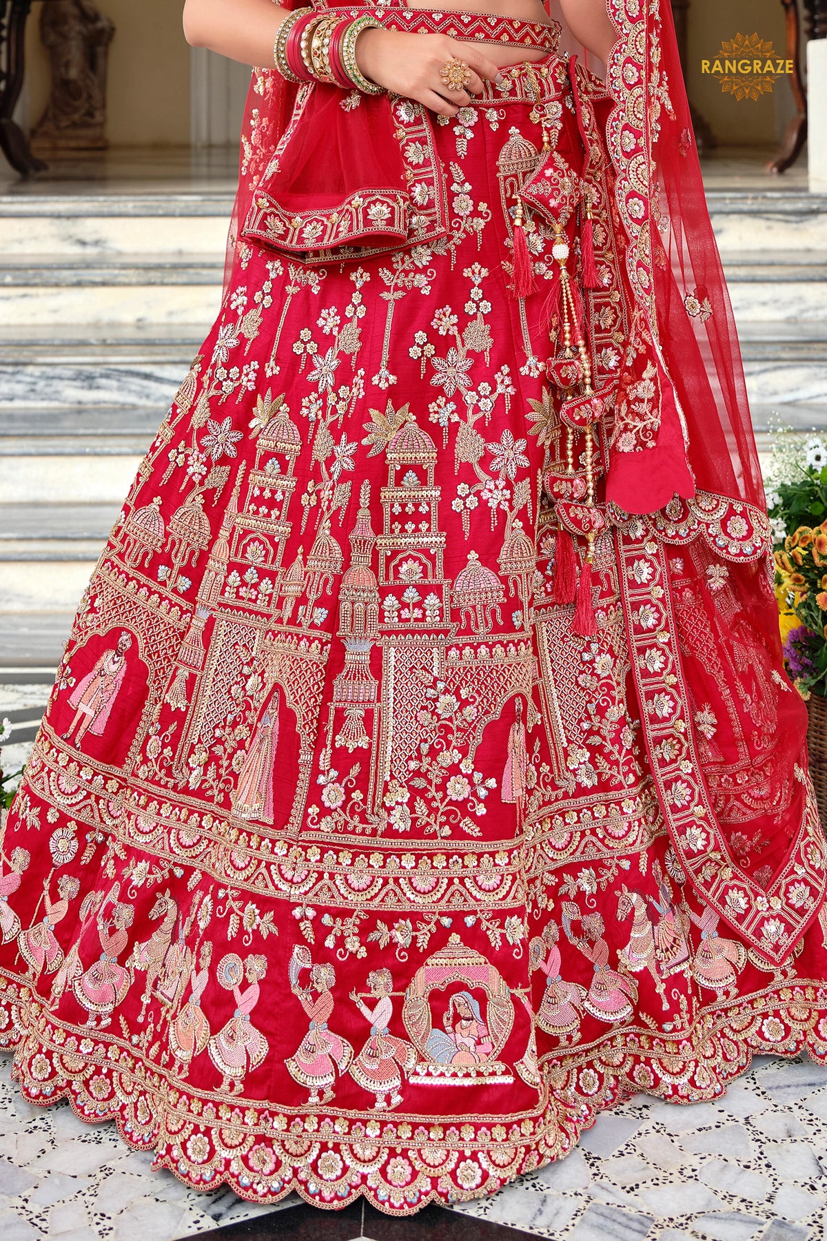 Bridal Red Heavy Embroidered Semi-Stitched Silk Lehenga