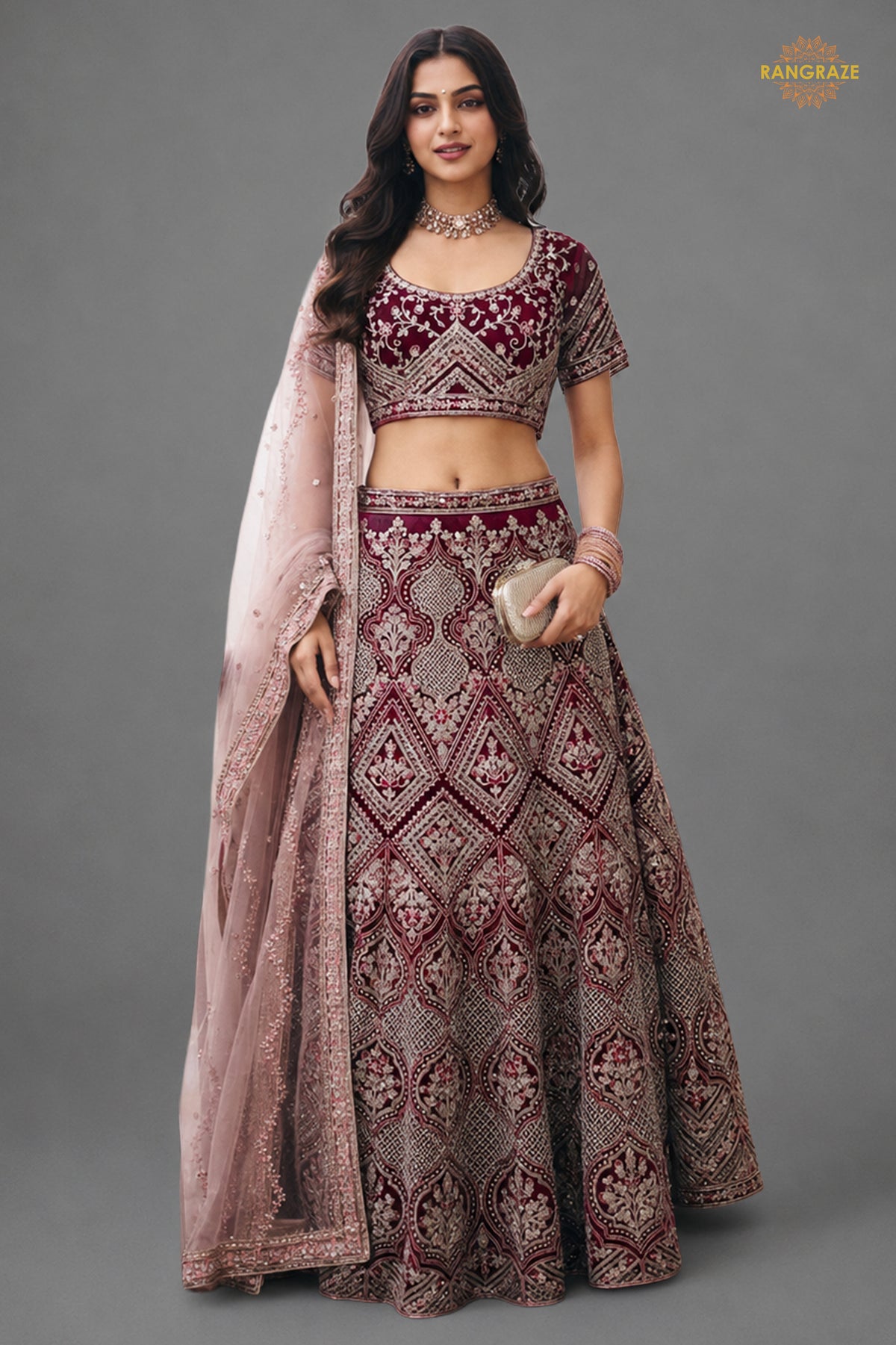 Burgundy Semi Stitched Embroidered Net Lehenga