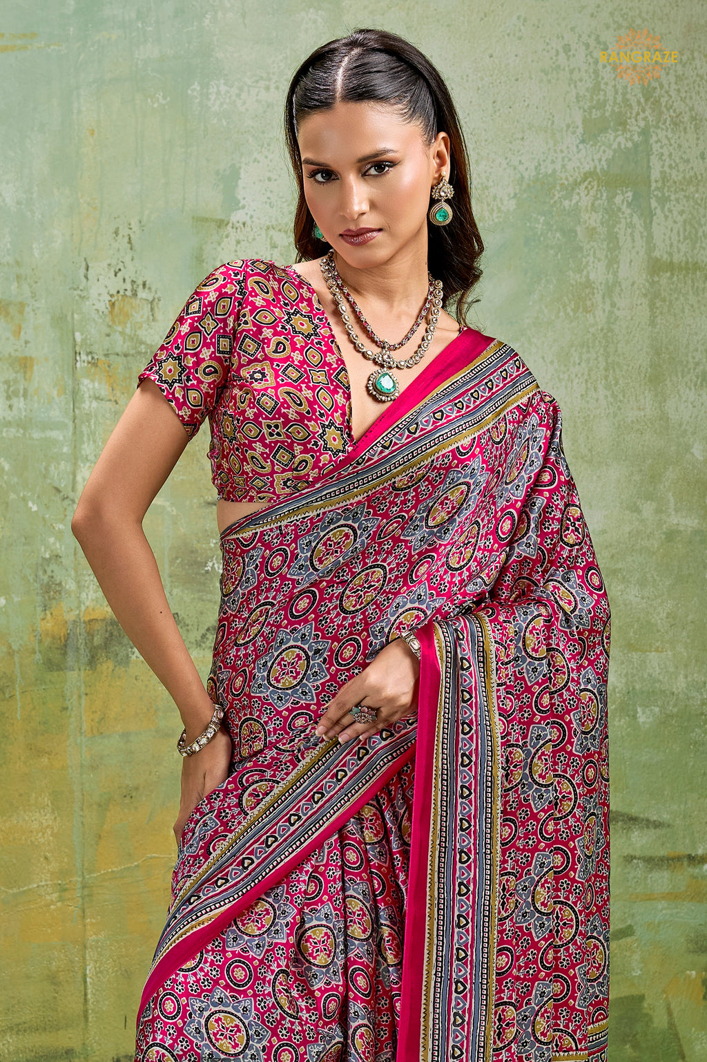 Burnt Pink Ajrakh Print Modal Satin Saree