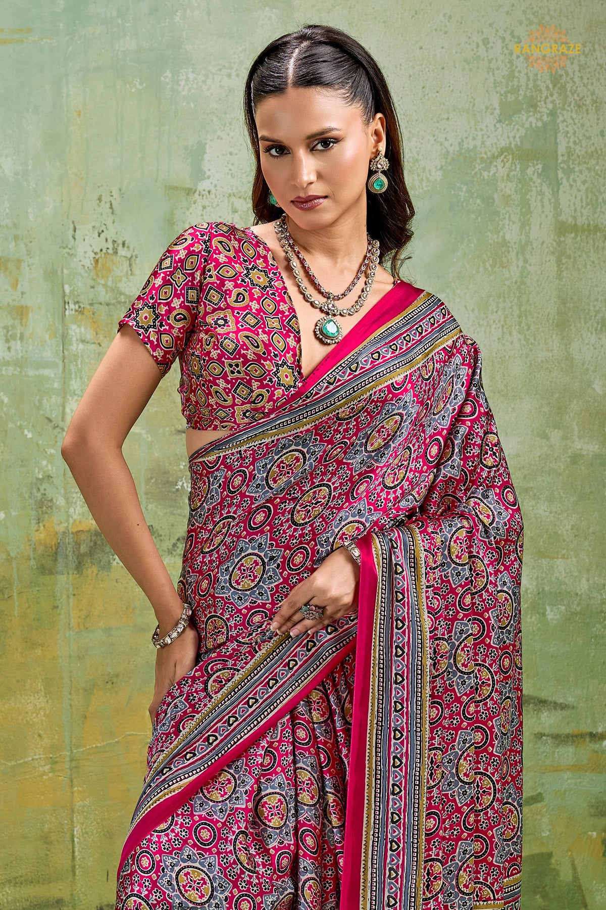 Burnt Pink Ajrakh Print Modal Satin Saree