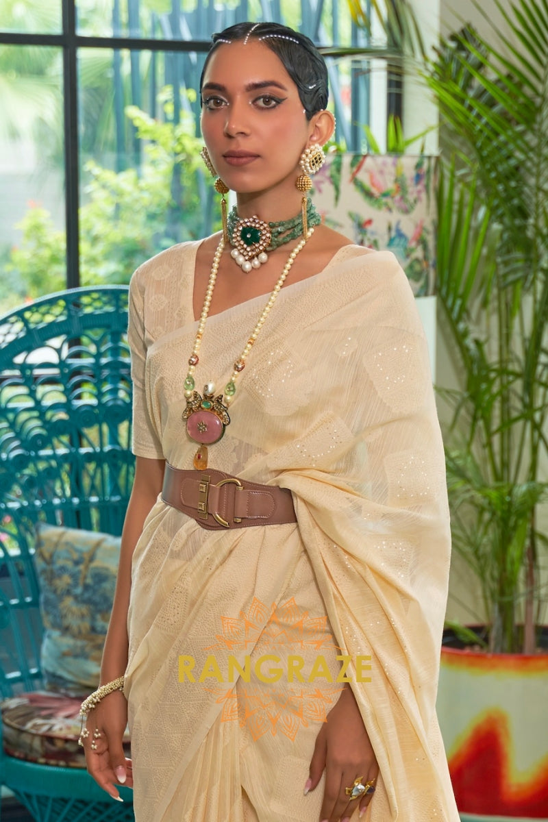 Beige Yellow Chickankari Sequins Lucknowi Weaving Sarees
