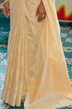Beige Yellow Chickankari Sequins Lucknowi Weaving Sarees