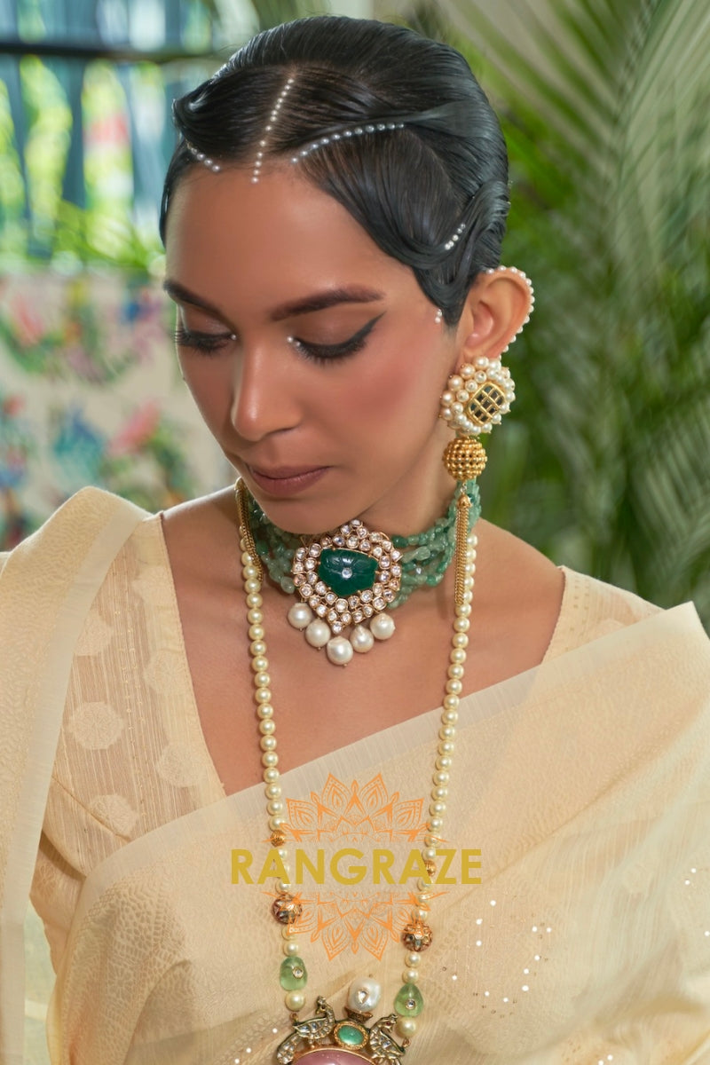Beige Yellow Chickankari Sequins Lucknowi Weaving Sarees