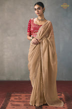 Champagne Beige Bead Work Sheer Texture Silk Saree