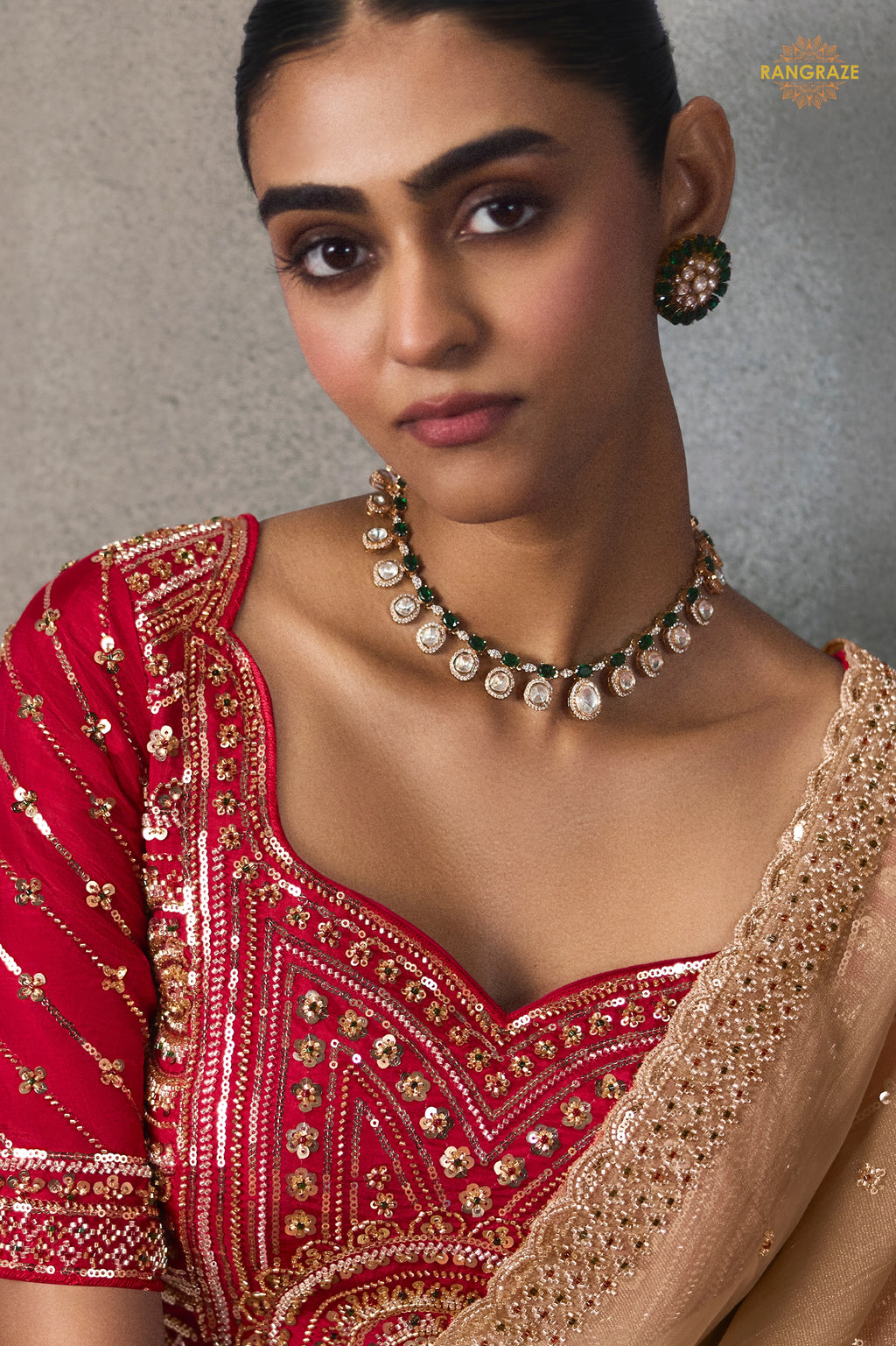 Champagne Beige Bead Work Sheer Texture Silk Saree