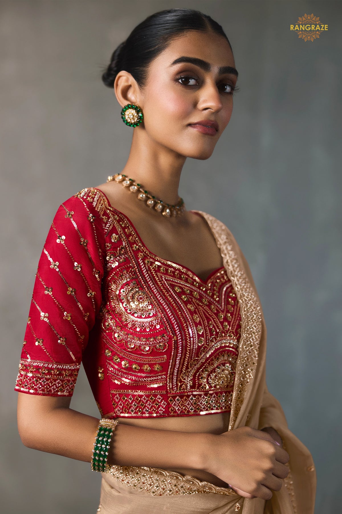 Champagne Beige Bead Work Sheer Texture Silk Saree