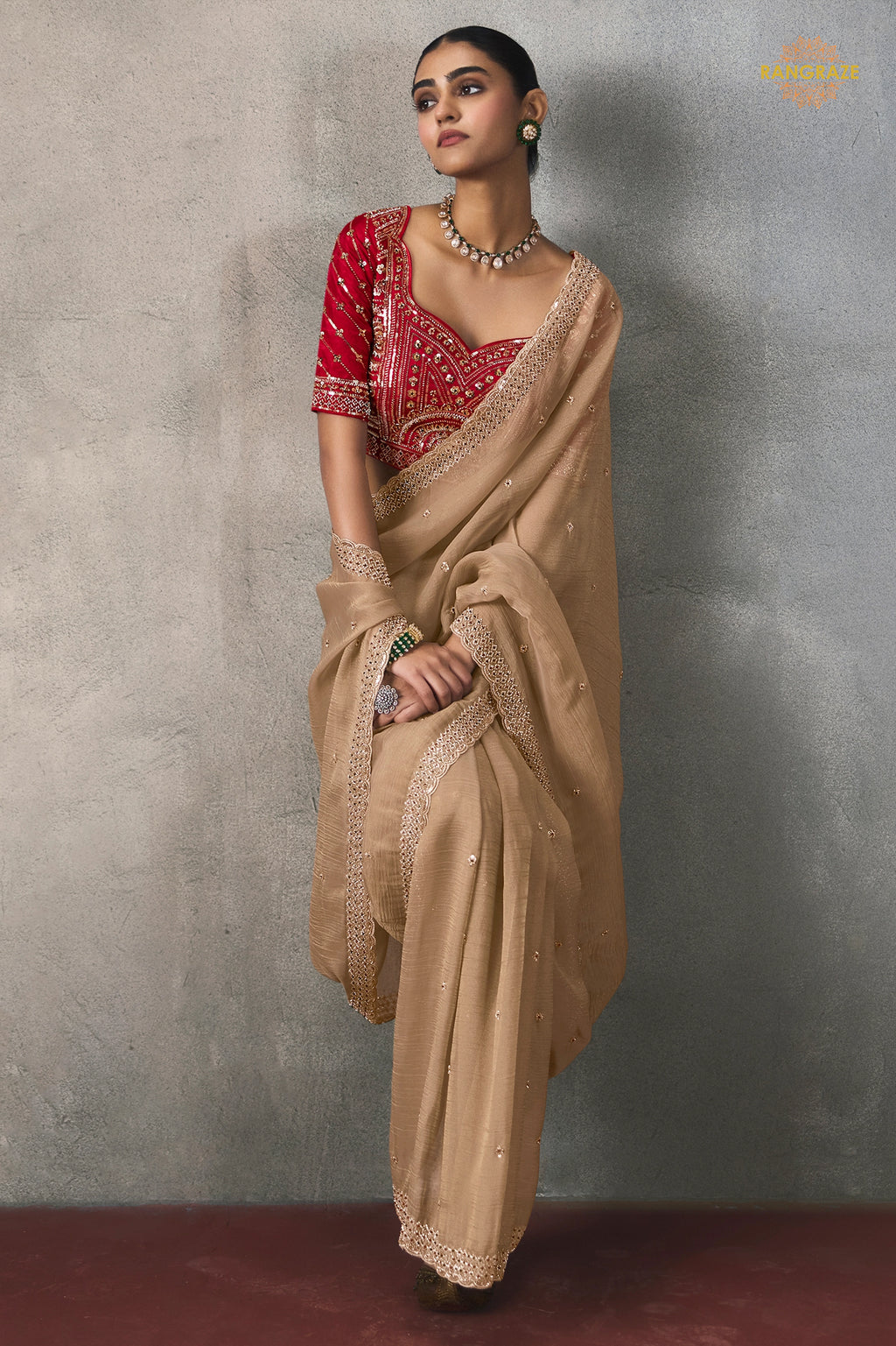 Champagne Beige Bead Work Sheer Texture Silk Saree