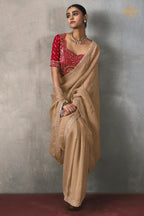 Champagne Beige Bead Work Sheer Texture Silk Saree