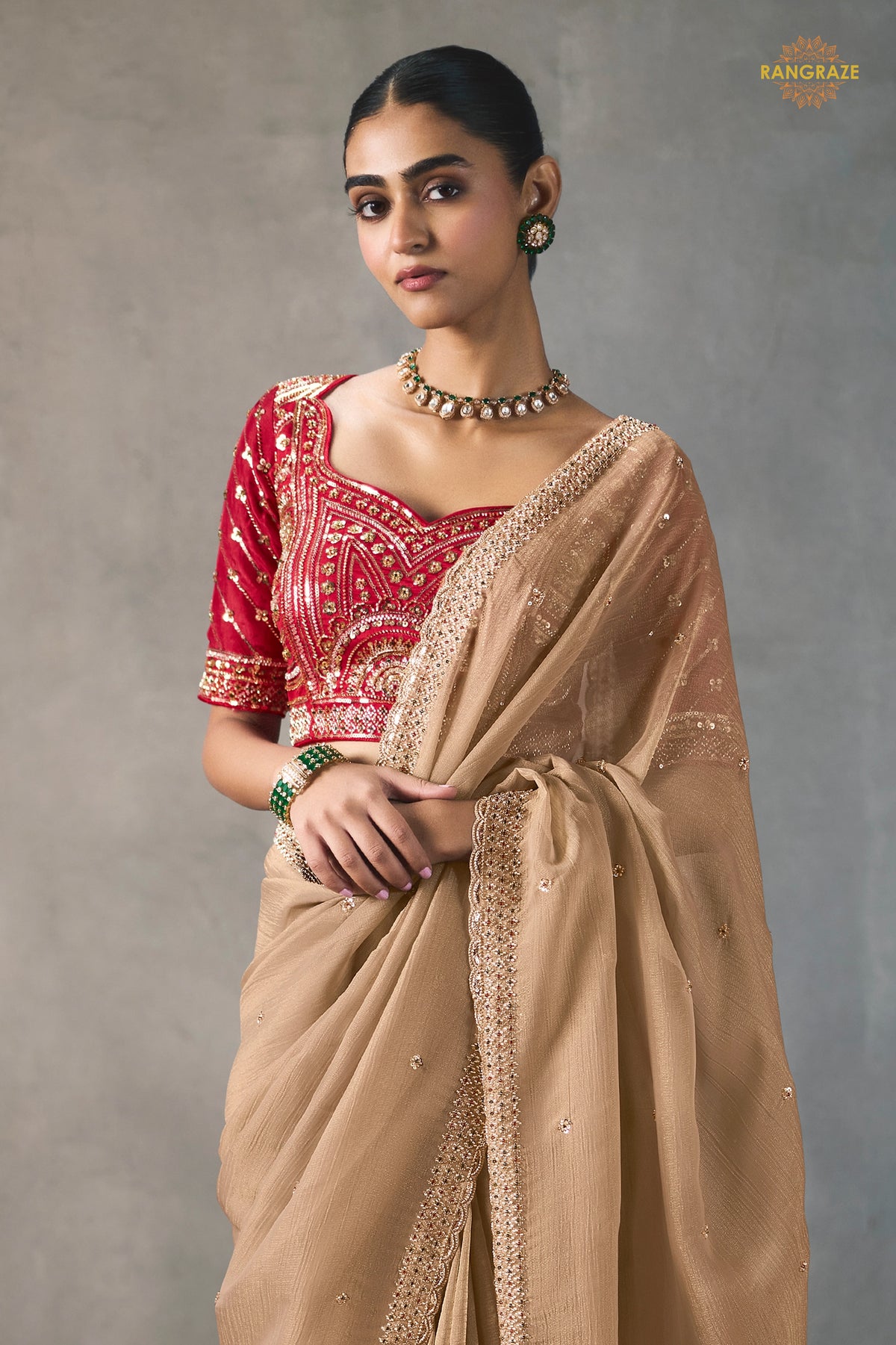 Champagne Beige Bead Work Sheer Texture Silk Saree