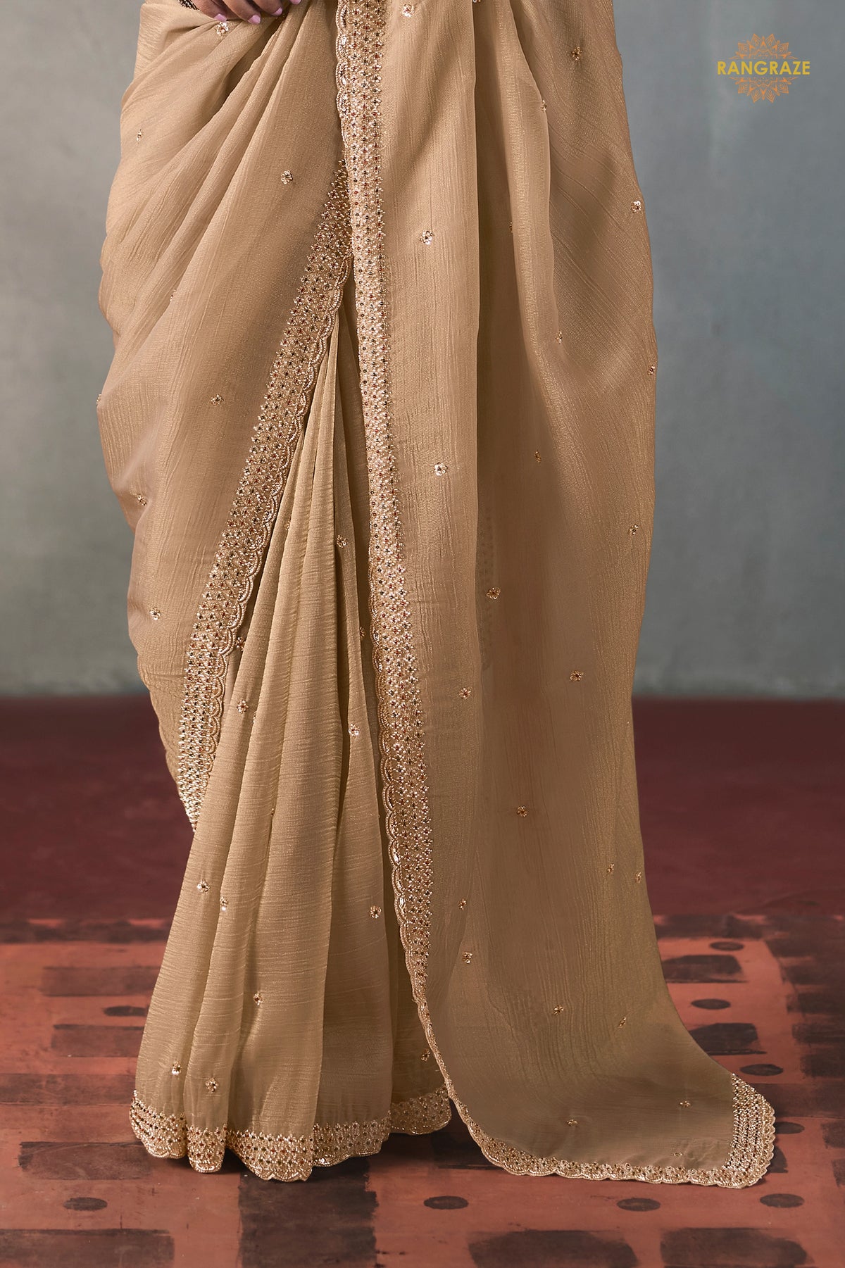 Champagne Beige Bead Work Sheer Texture Silk Saree
