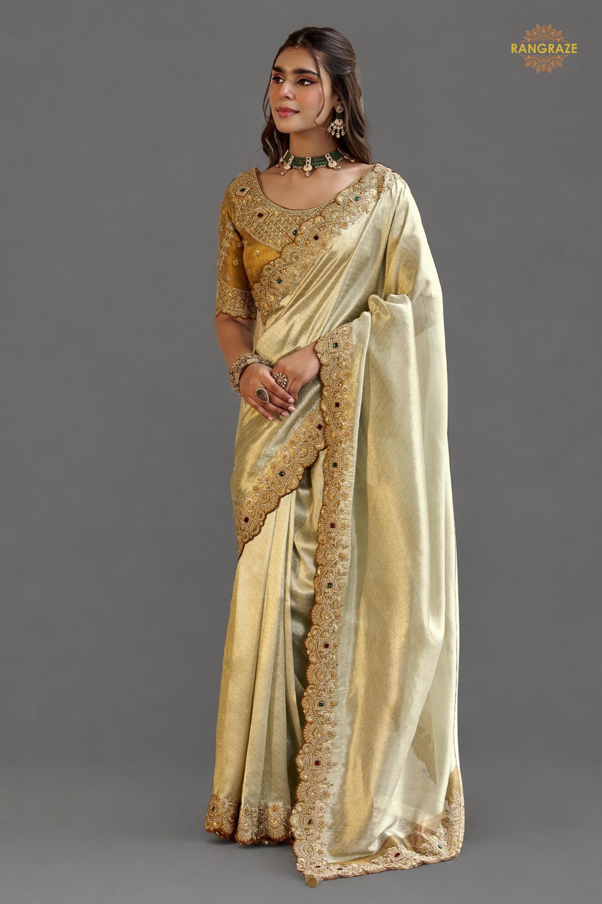 Champagne Beige Embroidred Fancy Silk Saree