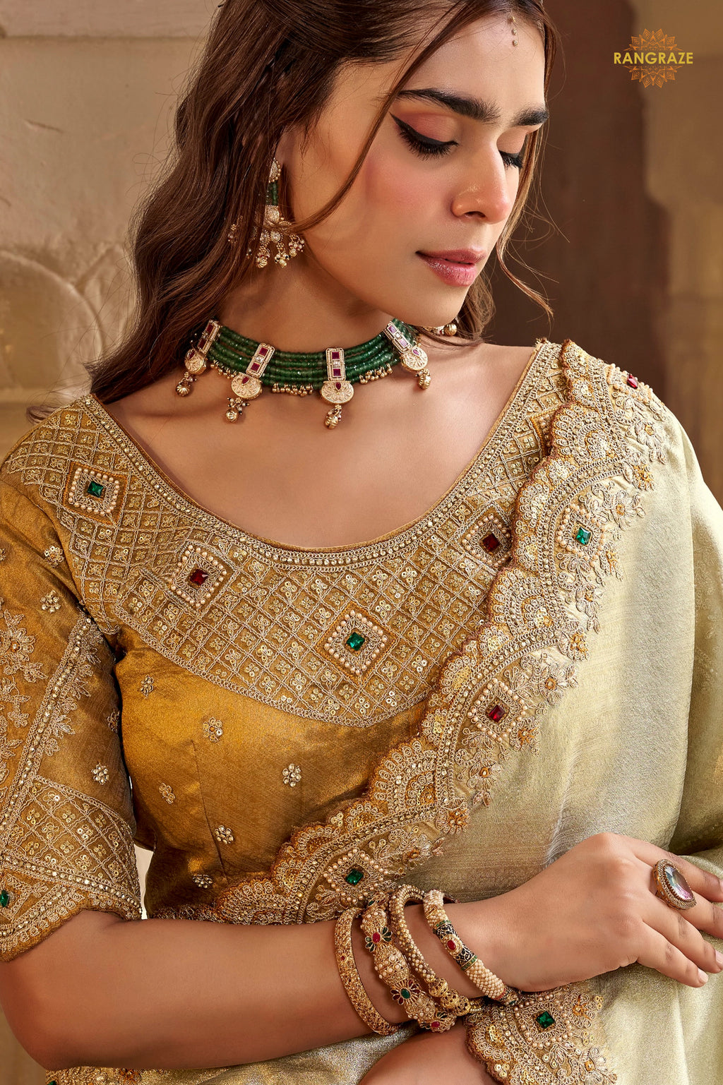 Champagne Beige Embroidred Fancy Silk Saree