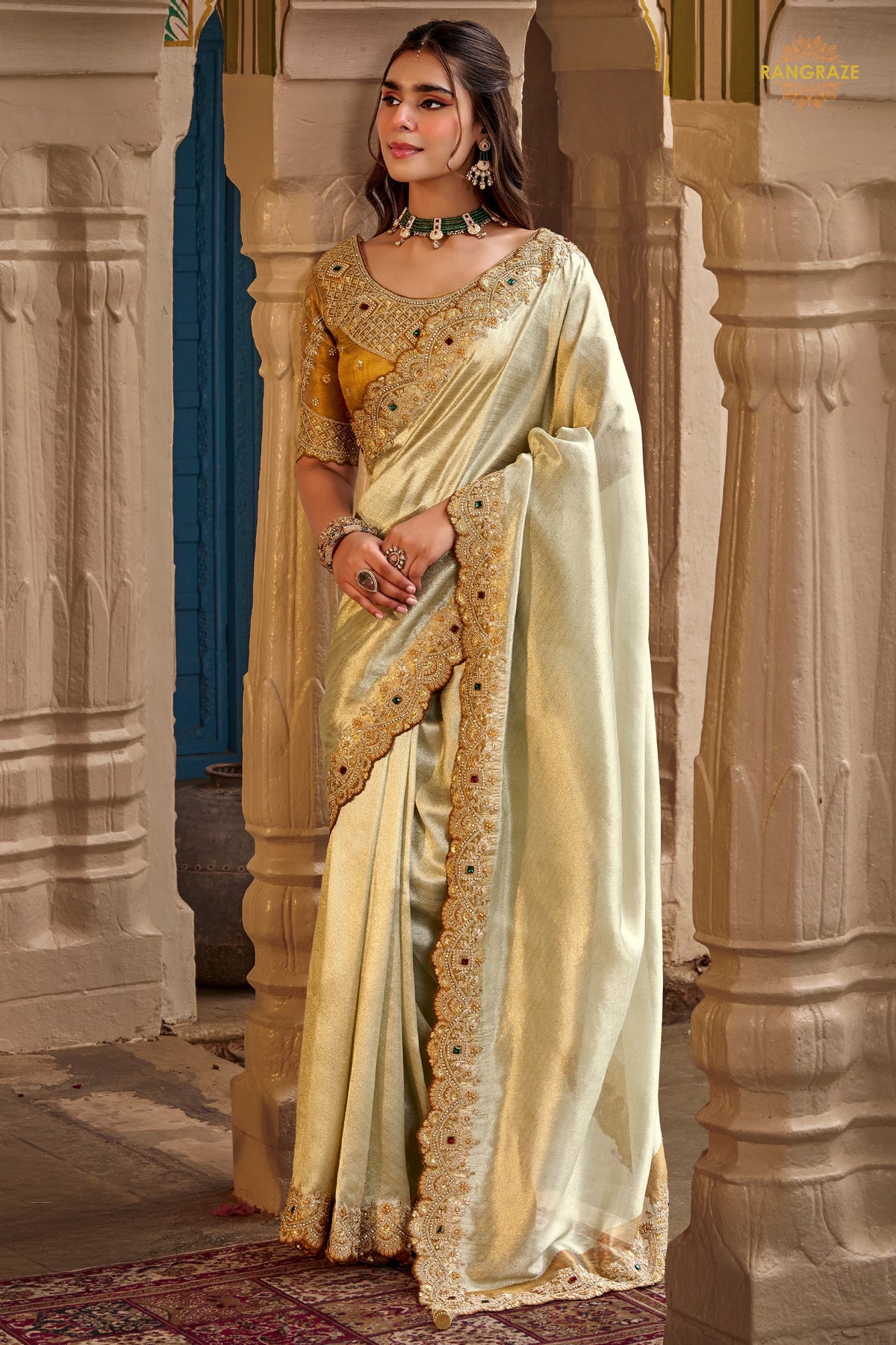 Champagne Beige Embroidred Fancy Silk Saree