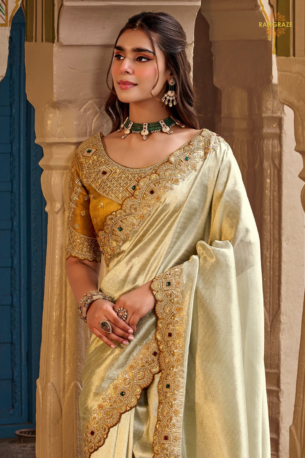 Champagne Beige Embroidred Fancy Silk Saree