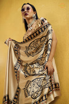 Champagne Cream Ajrakh Print Modal Satin Saree