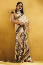 Champagne Cream Ajrakh Print Modal Satin Saree