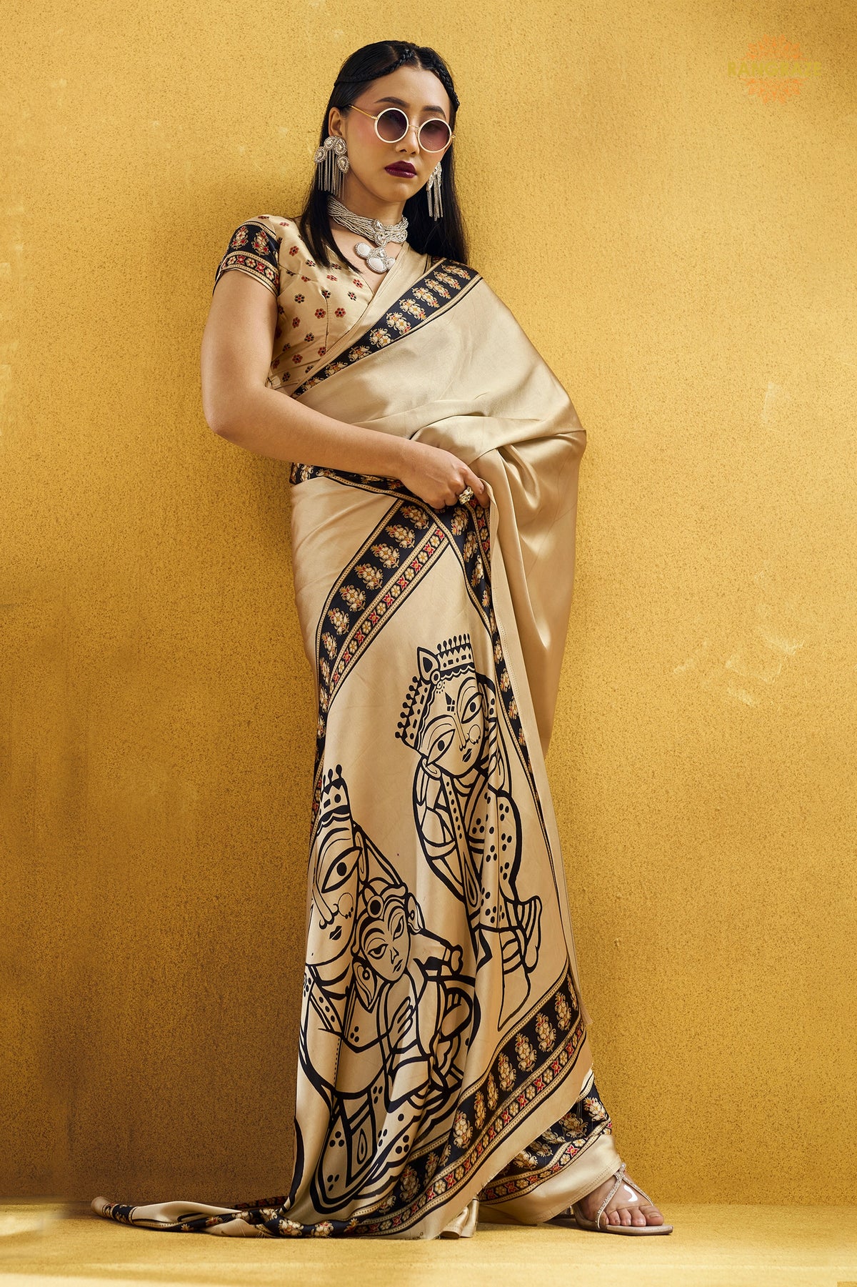Champagne Cream Ajrakh Print Modal Satin Saree