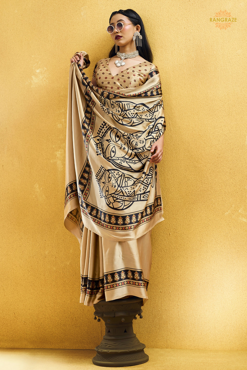 Champagne Cream Ajrakh Print Modal Satin Saree
