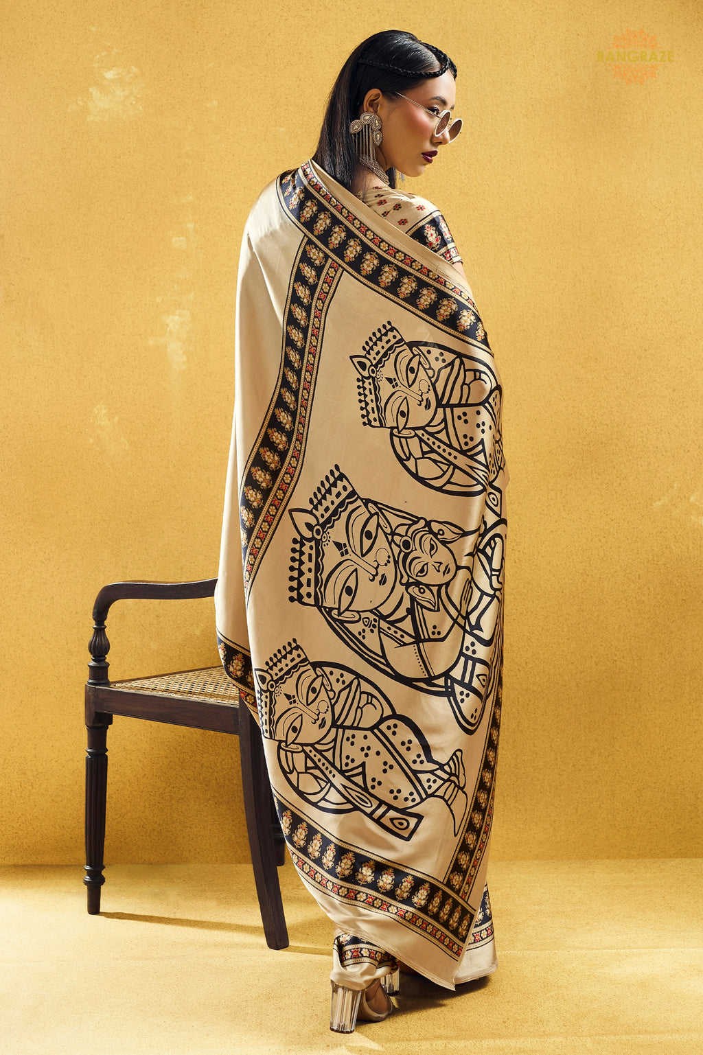 Champagne Cream Ajrakh Print Modal Satin Saree