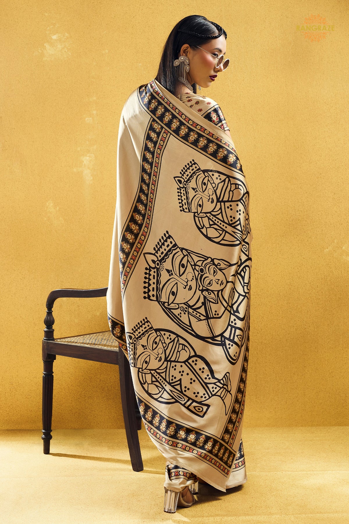 Champagne Cream Ajrakh Print Modal Satin Saree