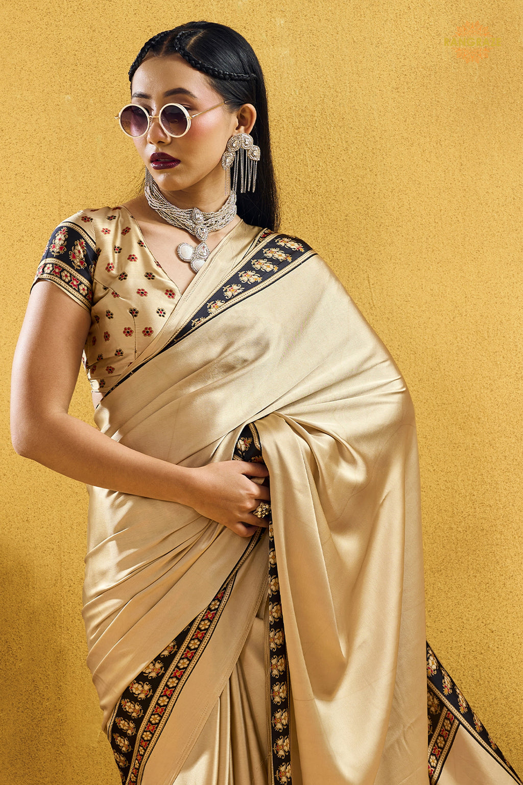Champagne Cream Ajrakh Print Modal Satin Saree
