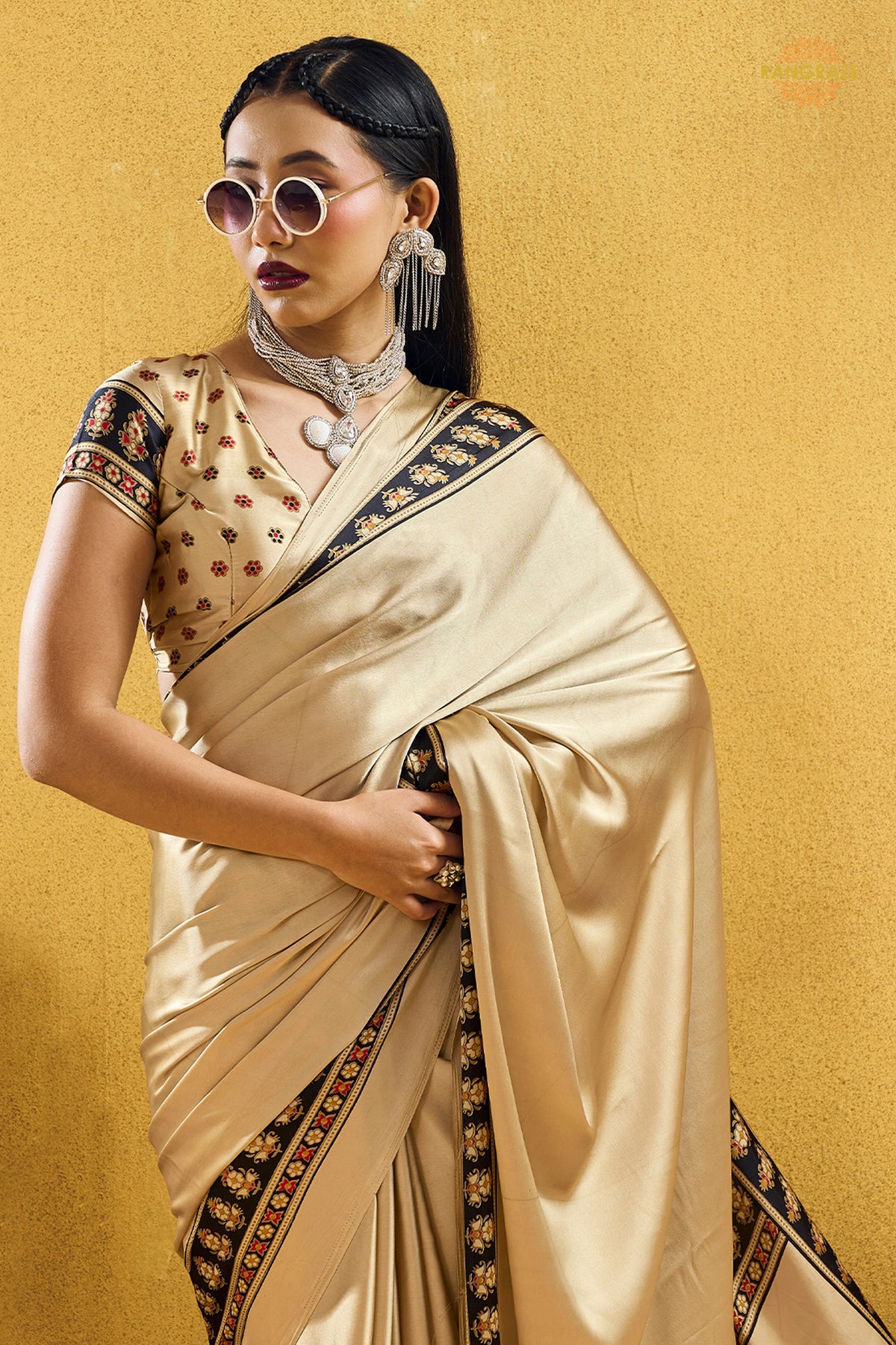Champagne Cream Ajrakh Print Modal Satin Saree