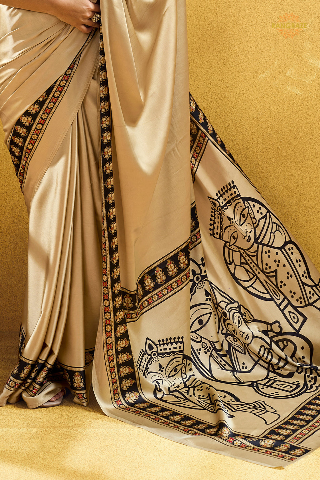 Champagne Cream Ajrakh Print Modal Satin Saree