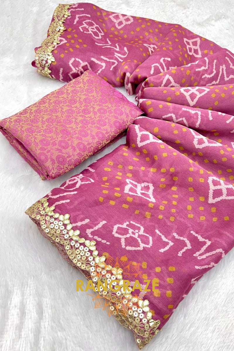 Rose Pink Bandhani Pure Chiffon Saree with Embroidered Border