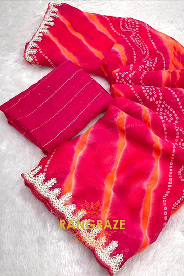 Pink and Orange Bandhani Pure Chiffon Saree with Embroidered Border