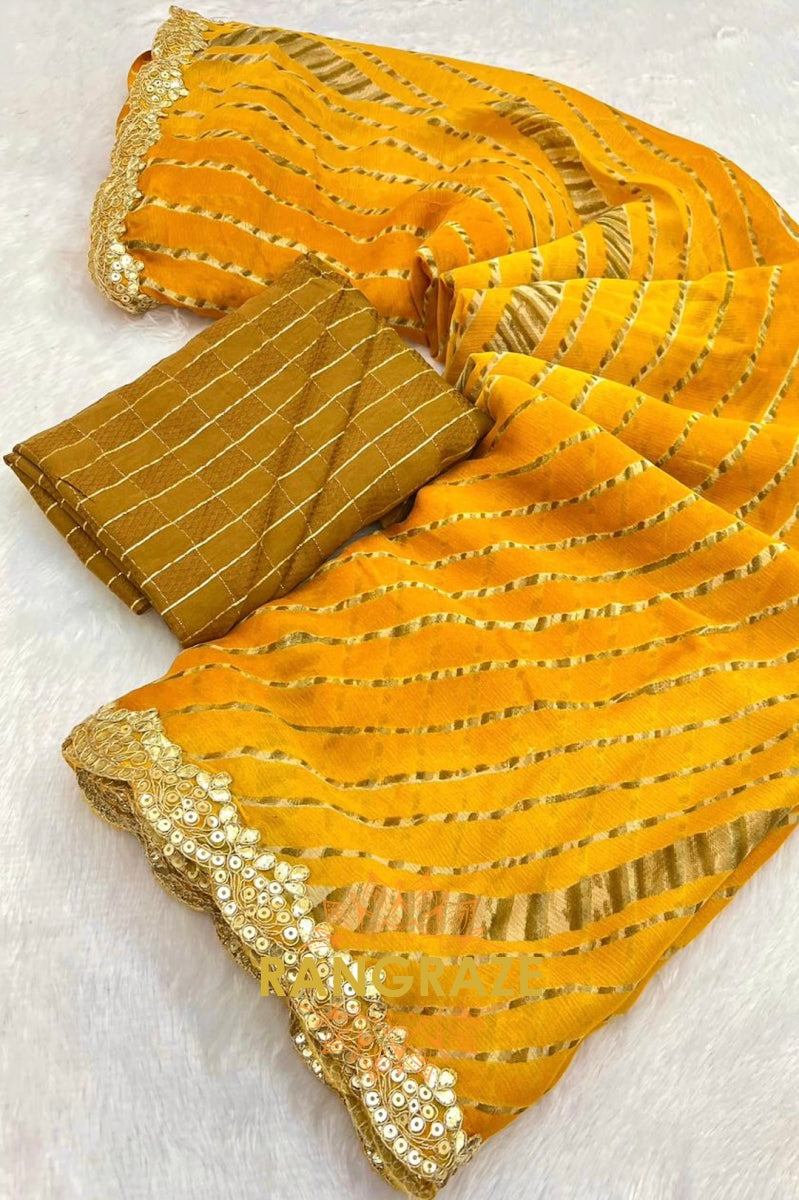 Golden Mustard Pure Chiffon Saree with Cutwork Embroidery